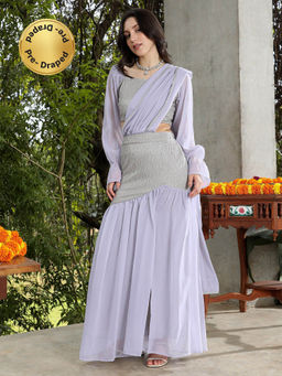Qissa - Women Silver Grey Textured-Block Pre-Draped Saree With Stitched Blouse