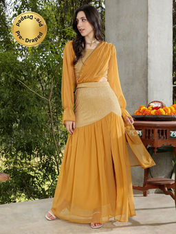 Qissa - Women Old Gold Textured-Block Pre-Draped Saree With Stitched Blouse