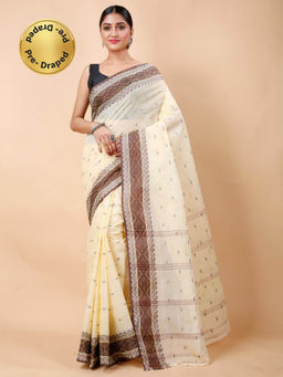 Ruuprekha - Women Cream Woven Tant Cotton Blend Pre Draped Saree without Blouse