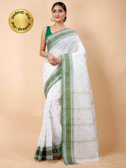 Ruuprekha - Women Green Woven Tant Cotton Blend Pre Draped Saree without Blouse