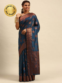 Sangam Prints - Navy Blue Cotton Silk Woven Zari Work Traditional Saree with Unstitched Blouse