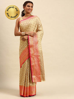 Sangam Prints - Cream Cotton Woven Zari Work Traditional Saree with Unstitched Blouse
