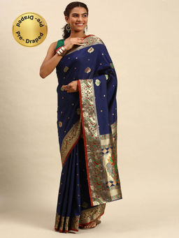 Sangam Prints - Navy Blue Silk Woven Work Traditional Saree with Unstitched Blouse