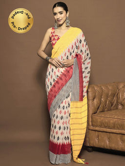 Sareemall - Women Cotton Blend Yellow Printed Ready To Wear Saree with Unstitched Blouse