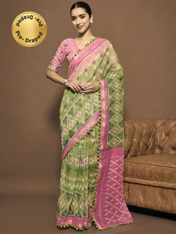 Sareemall - Women Cotton Blend Green Printed Ready To Wear Saree with Unstitched Blouse