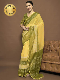 Sareemall - Women Cotton Blend Yellow Printed Ready To Wear Saree with Unstitched Blouse
