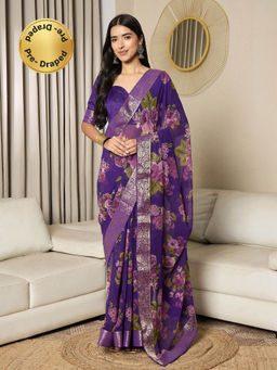 Sareemall - Women Georgette Blue Embellished Ready To Wear Saree with Unstitched Blouse