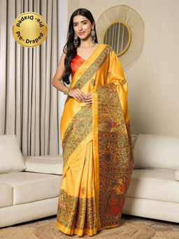 Sareemall - Women Khadi Silk Mustard Printed Ready To Wear Saree with Unstitched Blouse