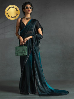 Sareemall - Women's Satin Silk Teal Green Embellished Ready To Wear Saree with Unstitched Blouse
