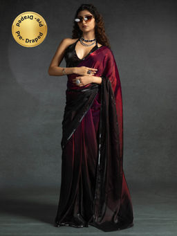 Sareemall - Women's Satin Silk Wine Embellished Ready To Wear Saree with Unstitched Blouse