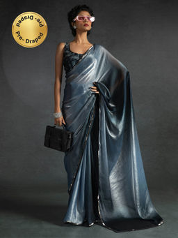 Sareemall - Women's Satin Silk Silver Embellished Ready To Wear Saree with Unstitched Blouse