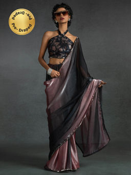 Sareemall - Women's Satin Silk Peach Embellished Ready To Wear Saree with Unstitched Blouse