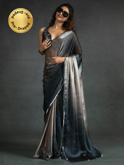 Sareemall - Women's Satin Silk Beige Embellished Ready To Wear Saree with Unstitched Blouse