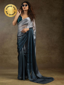 Sareemall - Women's Satin Silk Silver Half and Half Ready To Wear with Unstitched Blouse