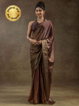 Sareemall - Women's Satin Silk Dark Brown Half and Half Ready To Wear Saree with Unstitched Blouse