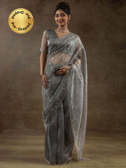 Sareemall - Women's Organza Grey Embellished Ready To Wear Saree with Unstitched Blouse