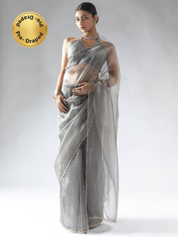 Sareemall - Women's Organza Grey Embellished Ready To Wear Saree with Unstitched Blouse