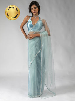 Sareemall - Women's Net Light Blue Embellished Ready To Wear Saree with Unstitched Blouse