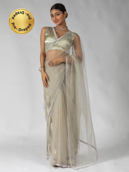 Sareemall - Women's Net Beige Embellished Ready To Wear Saree with Unstitched Blouse