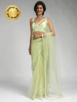Sareemall - Women's Net Light Green Embellished Ready To Wear Saree with Unstitched Blouse