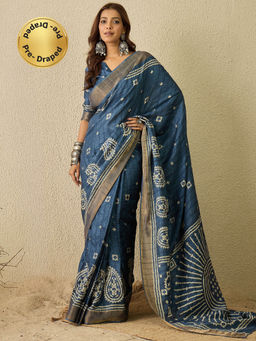 Sareemall - Blue Printed Pre-Draped Saree with Unstitched Blouse