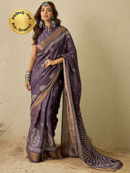 Sareemall - Purple Printed Pre-Draped Saree with Unstitched Blouse