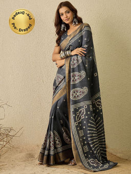 Sareemall - Grey Printed Pre-Draped Saree with Unstitched Blouse
