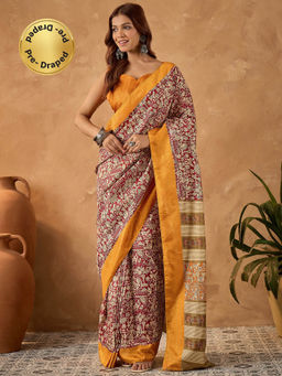Sareemall - Yellow Printed Pre-Draped Saree with Unstitched Blouse