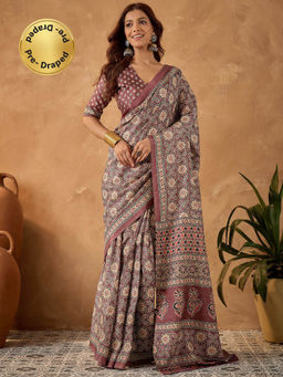 Sareemall - Mauve Printed Pre-Draped Saree with Unstitched Blouse