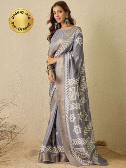 Sareemall - Grey Printed Pre-Draped Saree with Unstitched Blouse