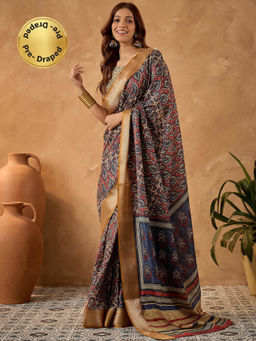 Sareemall - Cream Printed Pre-Draped Saree with Unstitched Blouse