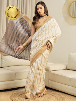 Sareemall - Women Bhagalpuri Silk Off White Printed Ready to Wear With Unstitched Blouse