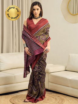 Sareemall - Women Bhagalpuri Silk Olive Printed Ready to Wear With Unstitched Blouse