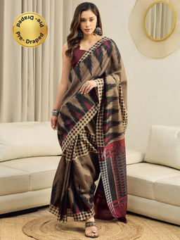 Sareemall - Women Bhagalpuri Silk Beige Printed Ready to Wear With Unstitched Blouse