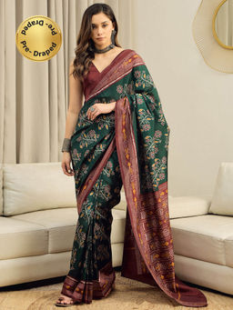 Sareemall - Women Bhagalpuri Silk Green Printed Ready to Wear With Unstitched Blouse