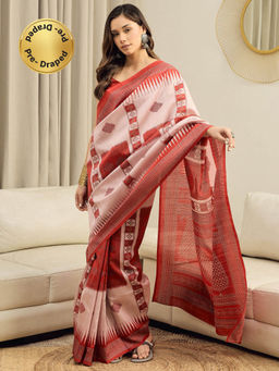 Sareemall - Women Bhagalpuri Silk Beige Printed Ready to Wear With Unstitched Blouse