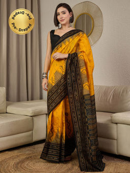 Sareemall - Women Bhagalpuri Silk Yellow Printed Ready to Wear With Unstitched Blouse