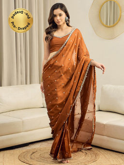 Sareemall - Women Pure Georgette Rust Embellished Ready to Wear With Unstitched Blouse