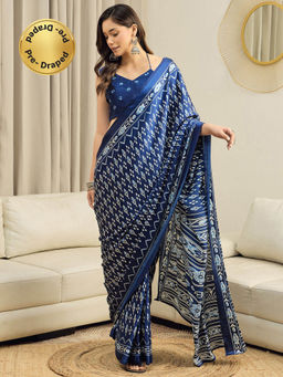 Sareemall - Women Crepe Blue Printed Ready to Wear With Unstitched Blouse