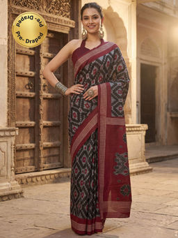 Sareemall - Women Bhagalpuri Silk Black Printed Ready to Wear With Unstitched Blouse