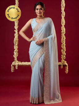 Sareemall - Women Blue Solid/Plain Georgette Saree with Unstitched Blouse