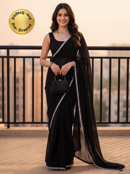 Sareemall - Women Black Solid/Plain Georgette Saree with Unstitched Blouse