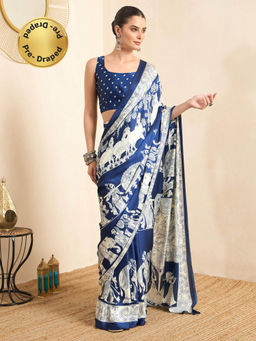 Sareemall - Women Blue Printed Crepe Saree with Unstitched Blouse