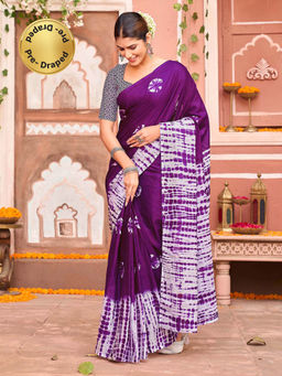 SATRANI - Dark Purple Printed With Pocket Ready To Wear Cotton Saree with Unstitched Blouse