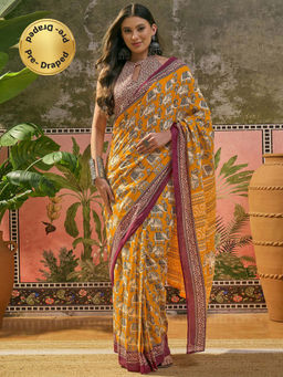 SATRANI - Yellow Printed Cotton Ready To Wear Saree with Unstitched Blouse