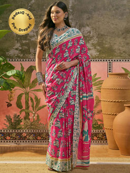 SATRANI - Pink Printed Cotton Ready To Wear Saree with Unstitched Blouse