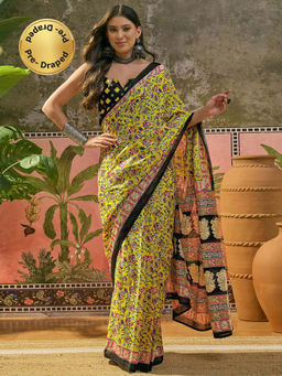 SATRANI - Lime Yellow Printed Cotton Ready To Wear Saree with Unstitched Blouse