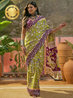 SATRANI - Lime Green Printed Cotton Ready To Wear Saree with Unstitched Blouse