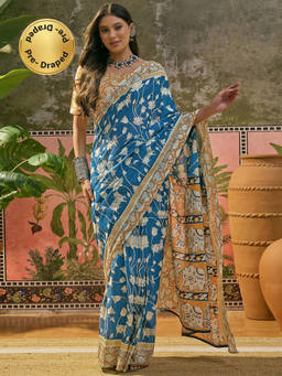 SATRANI - Blue Printed Cotton Ready To Wear Saree with Unstitched Blouse