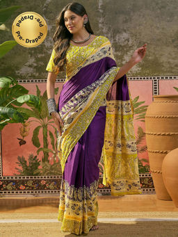 SATRANI - Purple Printed Cotton Ready To Wear Saree with Unstitched Blouse